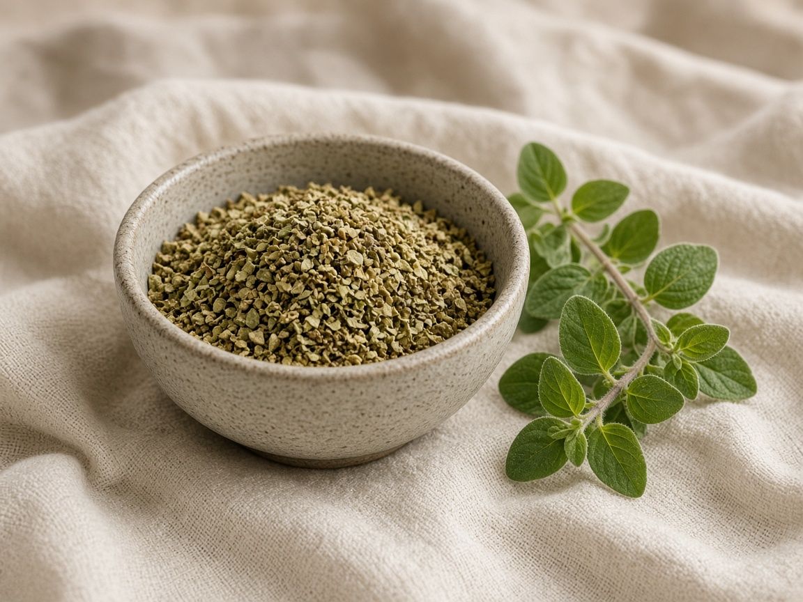 Dried oregano leaves in a small bowl with a few fresh sprigs beside them.