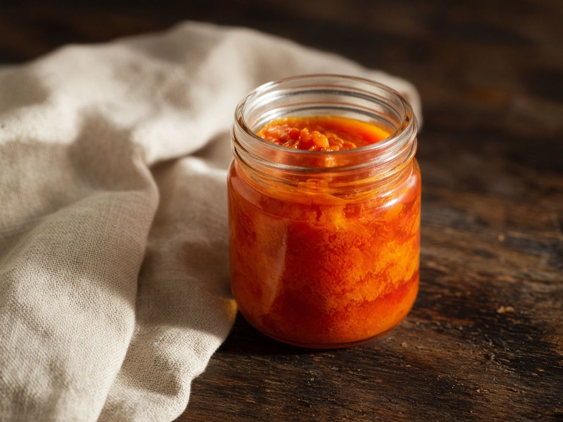 A jar of unrefined red palm oil, thick and orange-red, on dark wood.