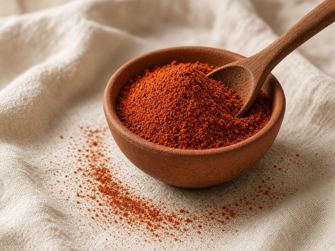 A mound of brick-red sweet paprika in a small clay bowl with a wooden spoon.