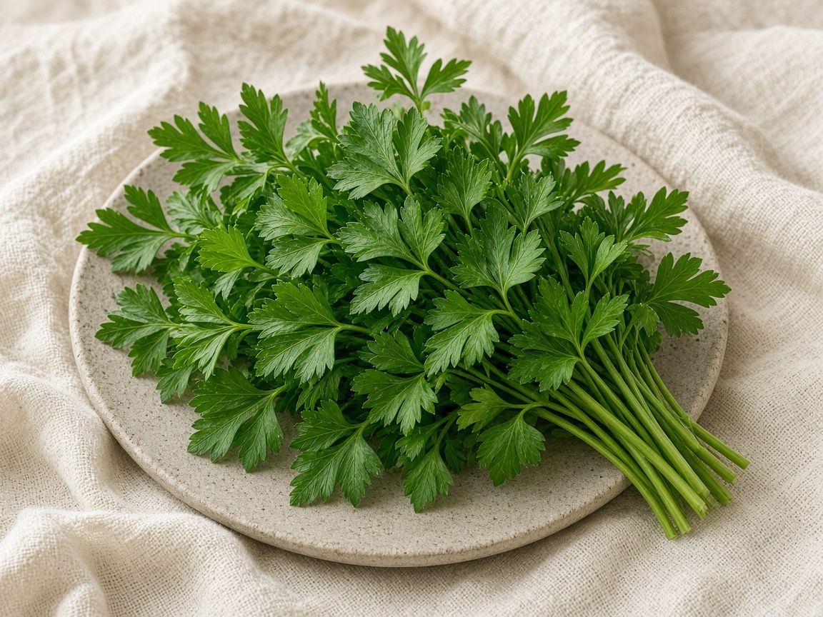 Fresh flat-leaf parsley, a generous bunch, on a stone plate.