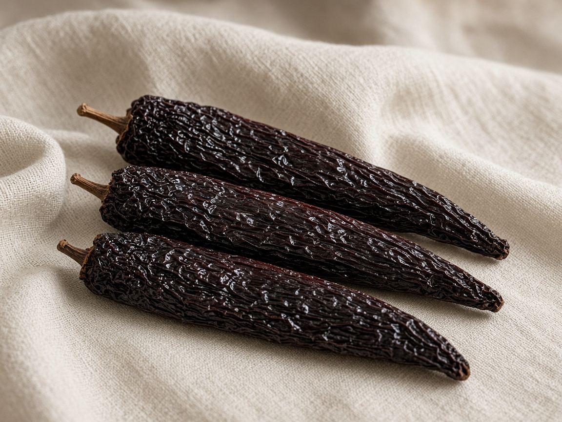 Dried pasilla chiles, long and nearly black, on linen.