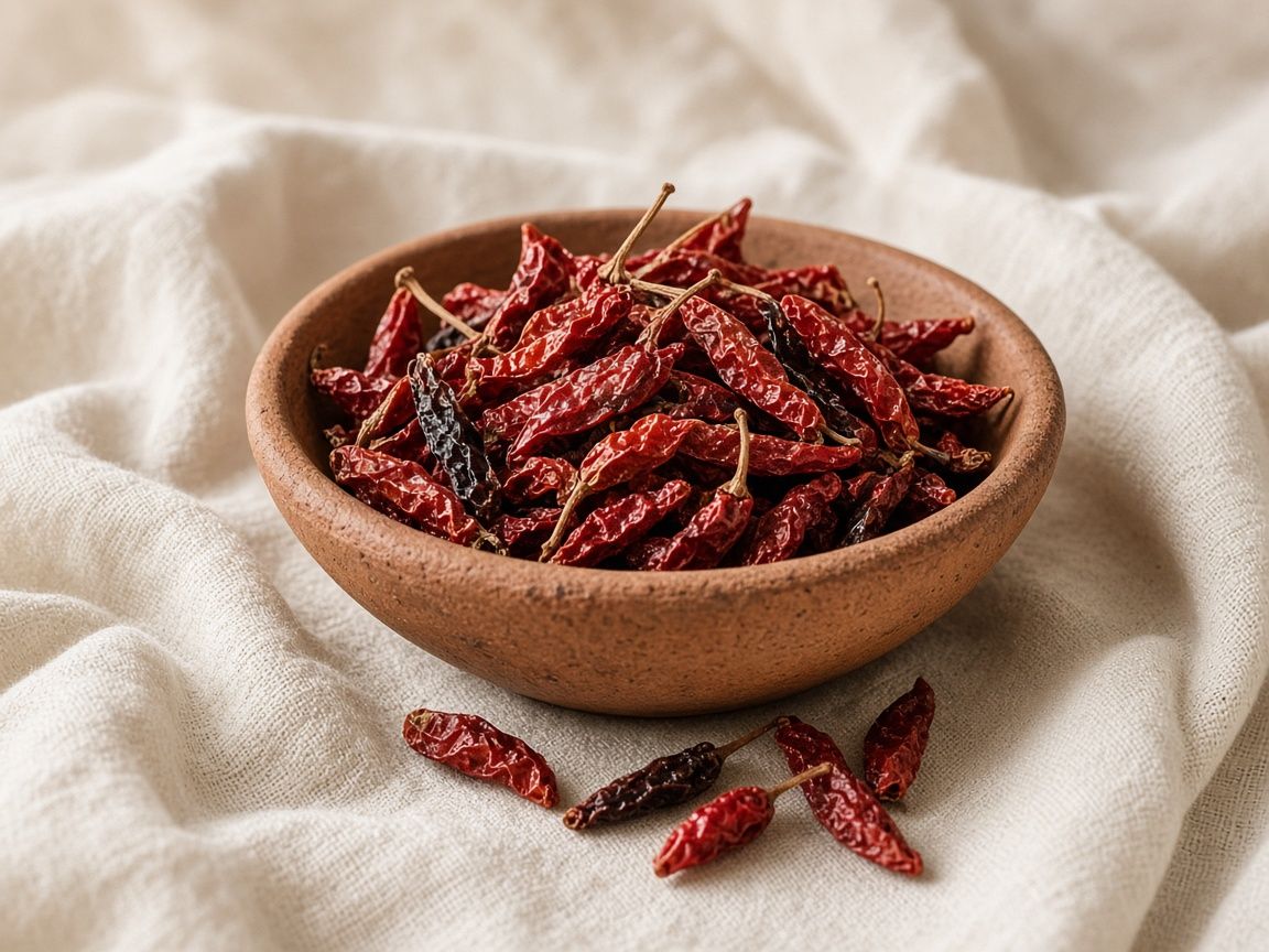 Small red piri-piri chiles, dried and bright, in a clay bowl.