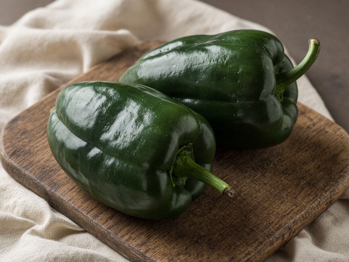 Fresh dark-green poblano chiles, broad and glossy, on a wooden board.