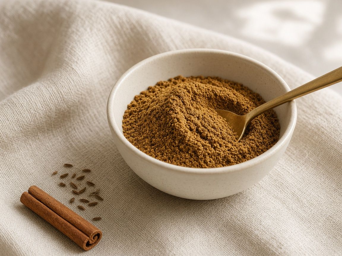 A mound of ras el hanout, warm brown and gold, in a ceramic bowl with a brass spoon.