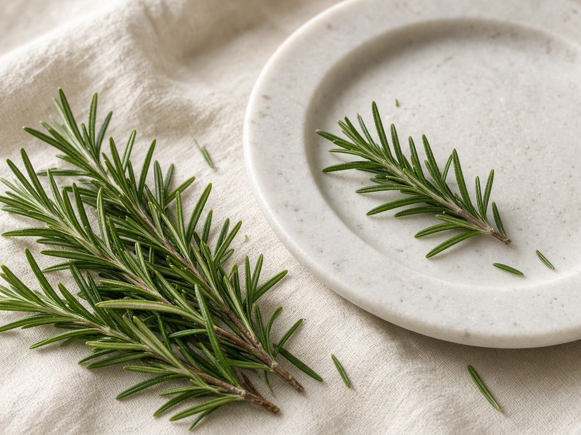 Fresh rosemary sprigs with needle leaves on a stone surface.