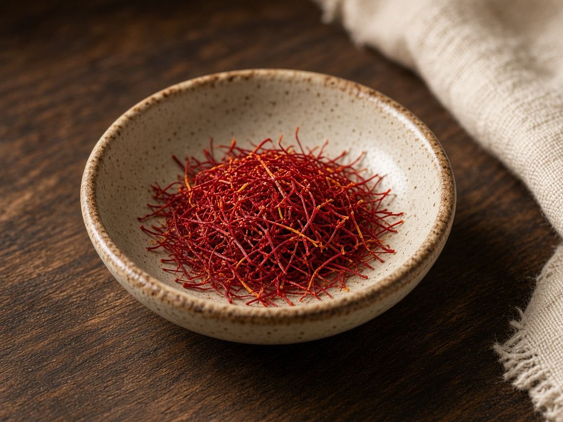 A small dish of saffron threads glowing red-gold on dark wood.