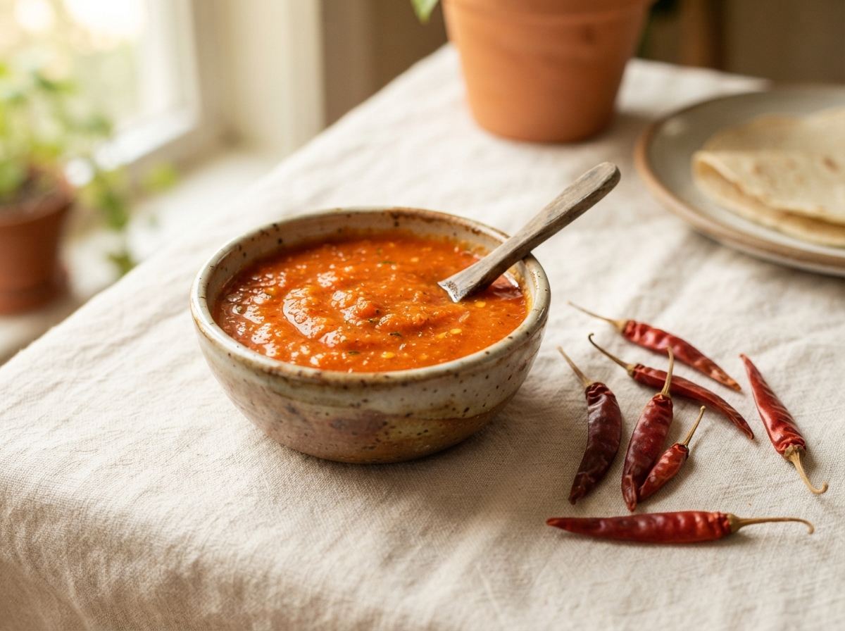 Salsa de chile de árbol as it appears in a working ComidaTime pantry.