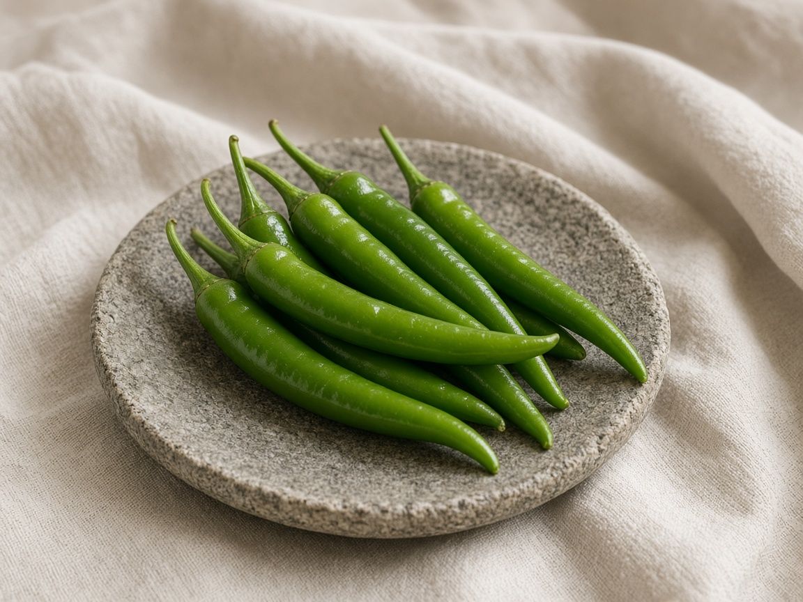 Fresh green serrano chiles, slim and glossy, on a stone plate.