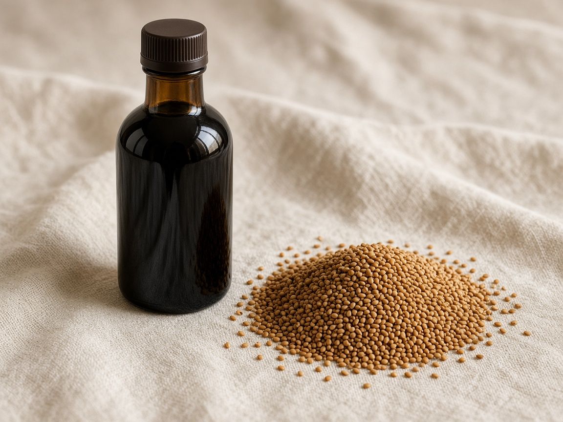 A small bottle of dark toasted sesame oil beside a mound of sesame seeds.