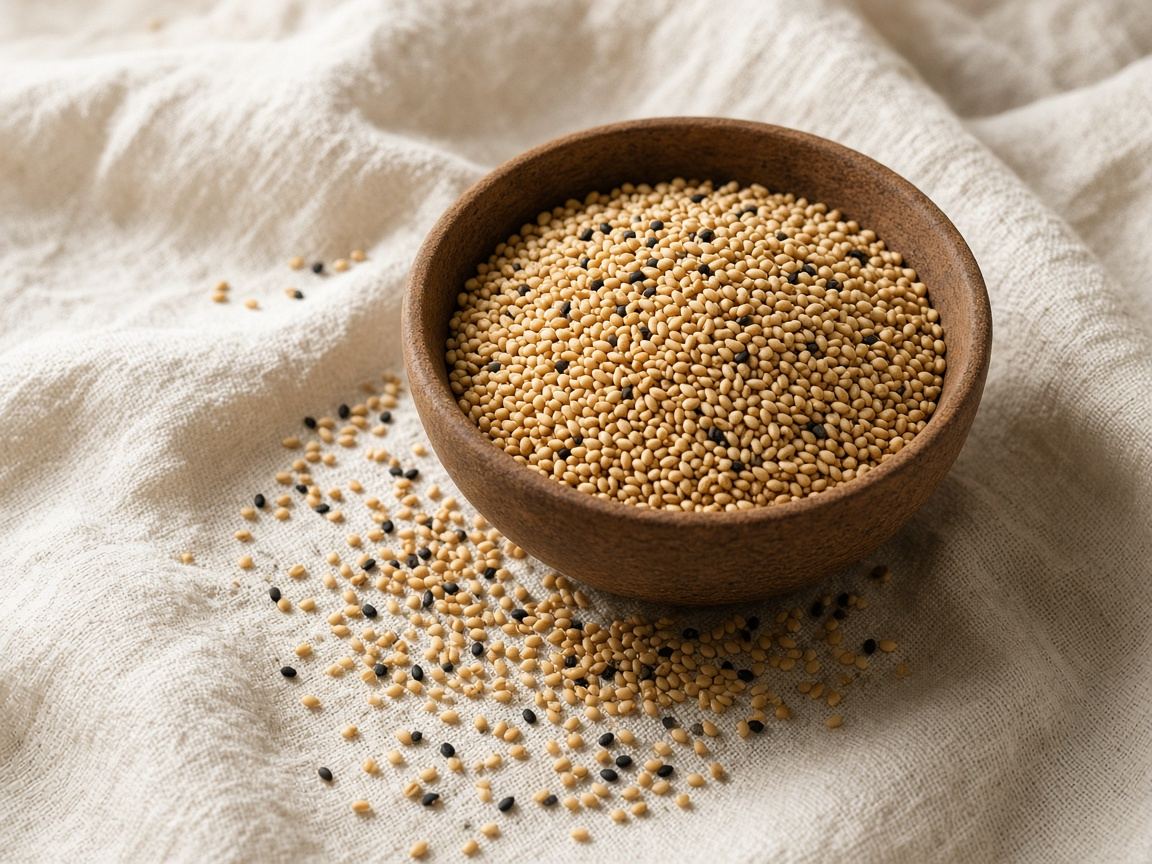 A small bowl of toasted sesame seeds, ivory and gold, on dark wood.
