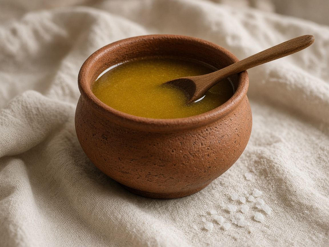 A small crock of golden aged smen with a wooden spoon on linen.