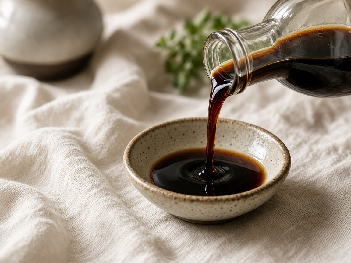 A small pouring bottle of soy sauce beside a saucer on wood.