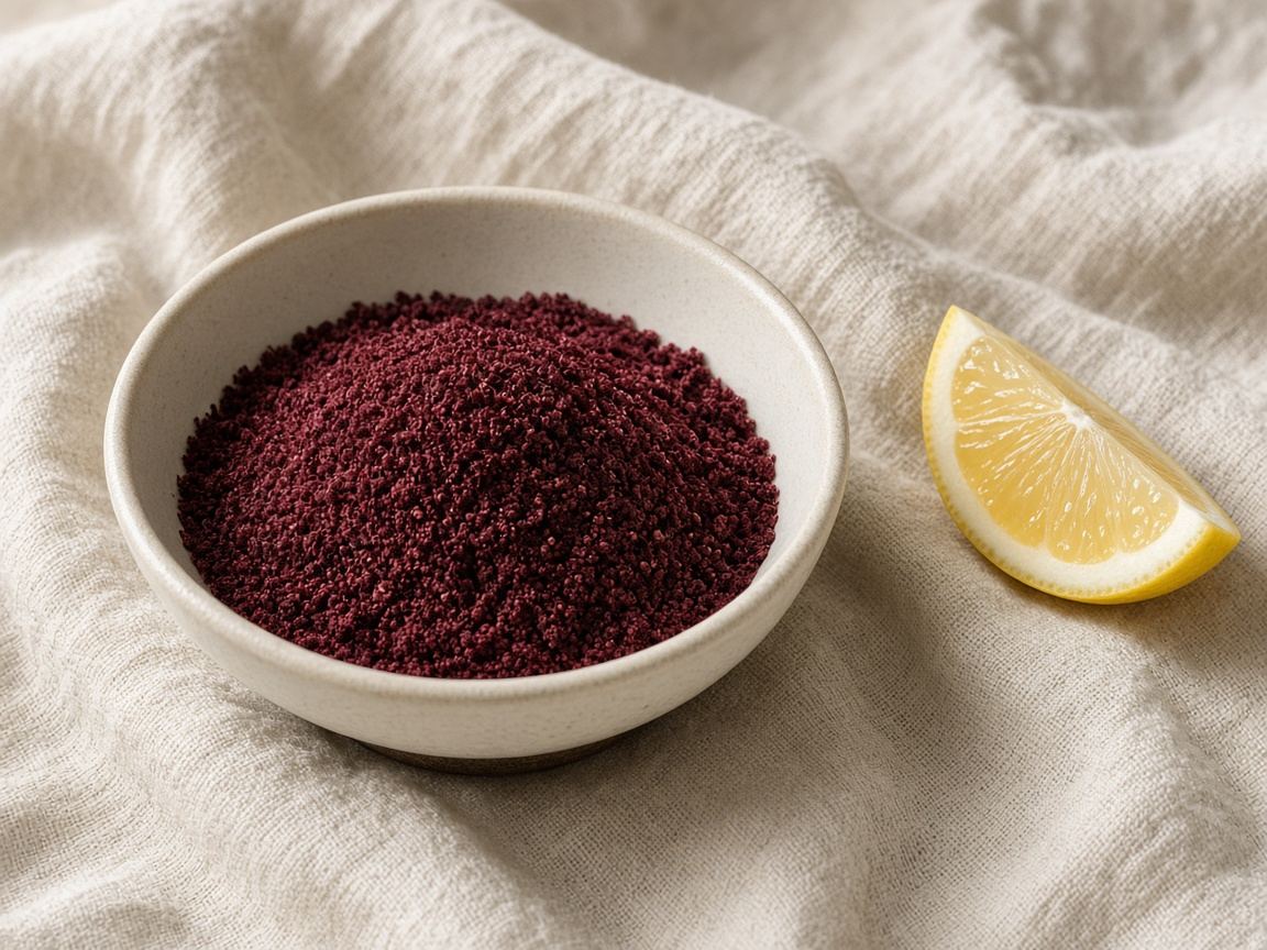 A mound of deep-red ground sumac in a shallow bowl.