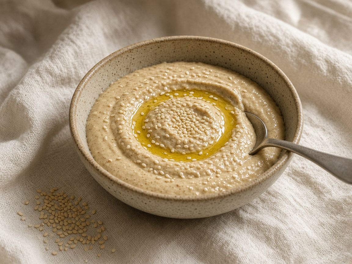 A jar of tahini with the sesame oil on top and a spoonful beside it.