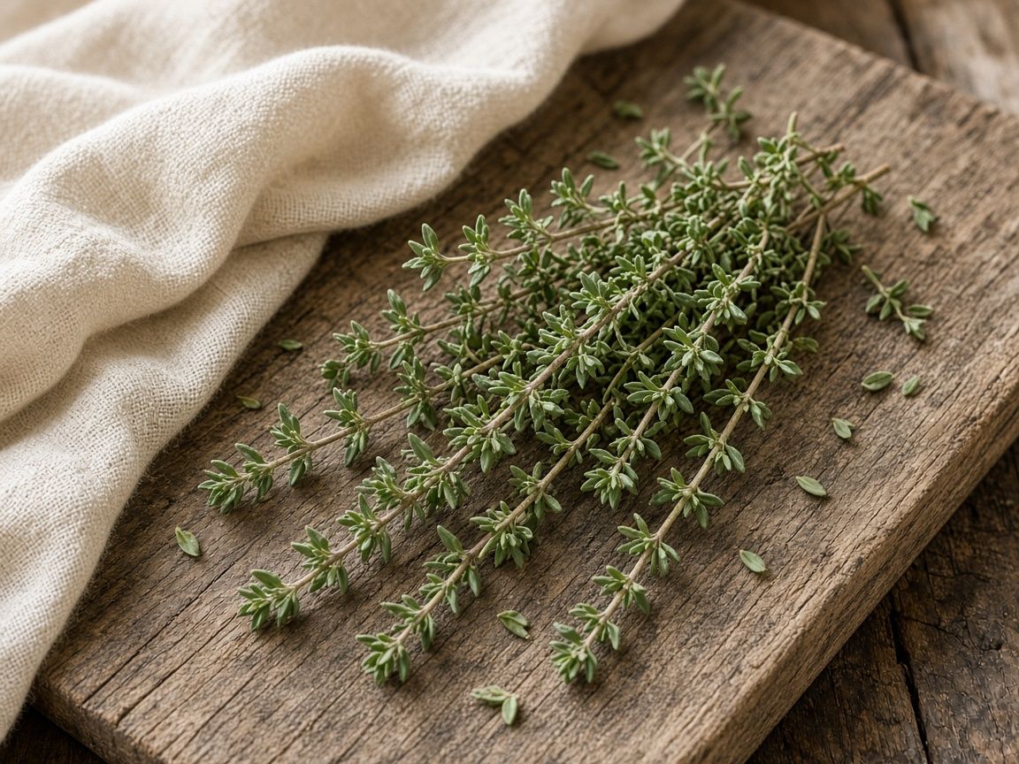 Fresh thyme sprigs in a bundle on a wooden board.