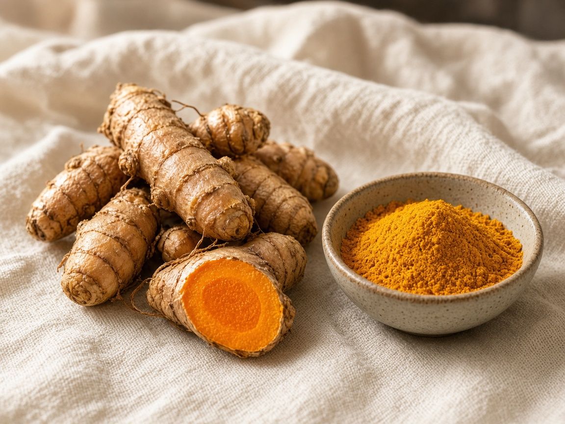 Fresh turmeric rhizomes beside a bowl of ground turmeric.
