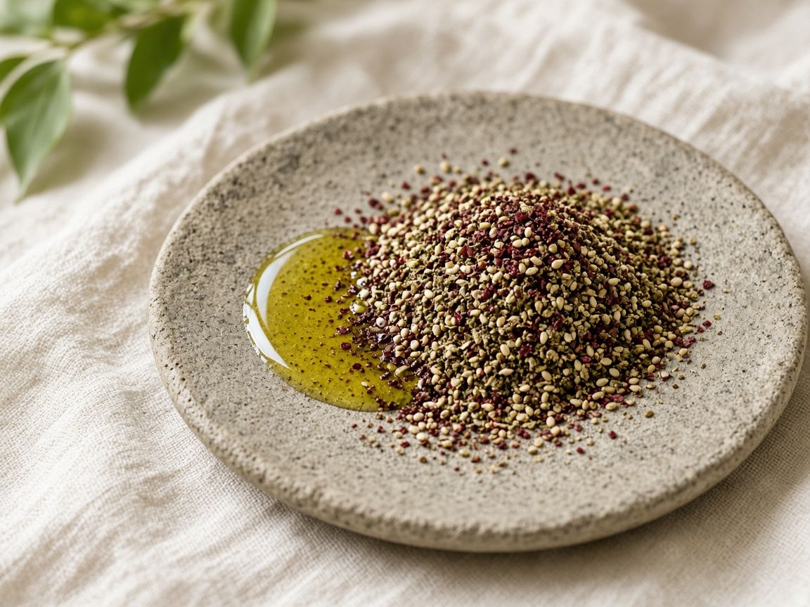 Green zaatar blend with visible sesame seeds and sumac, on a stone plate with olive oil.